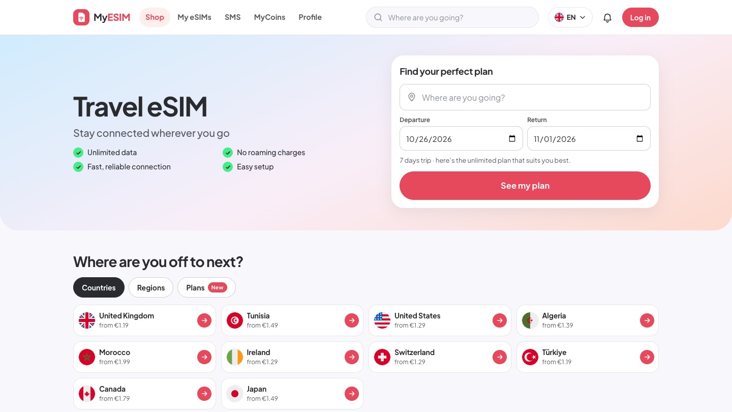 Screenshot of the MyESIM homepage